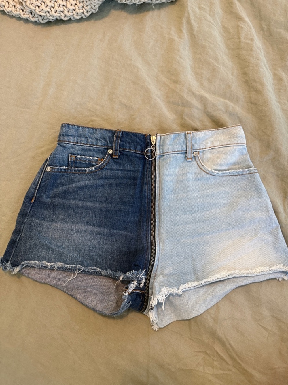 Revice Two-Tone Denim High-Waist Shorts with Front Zip